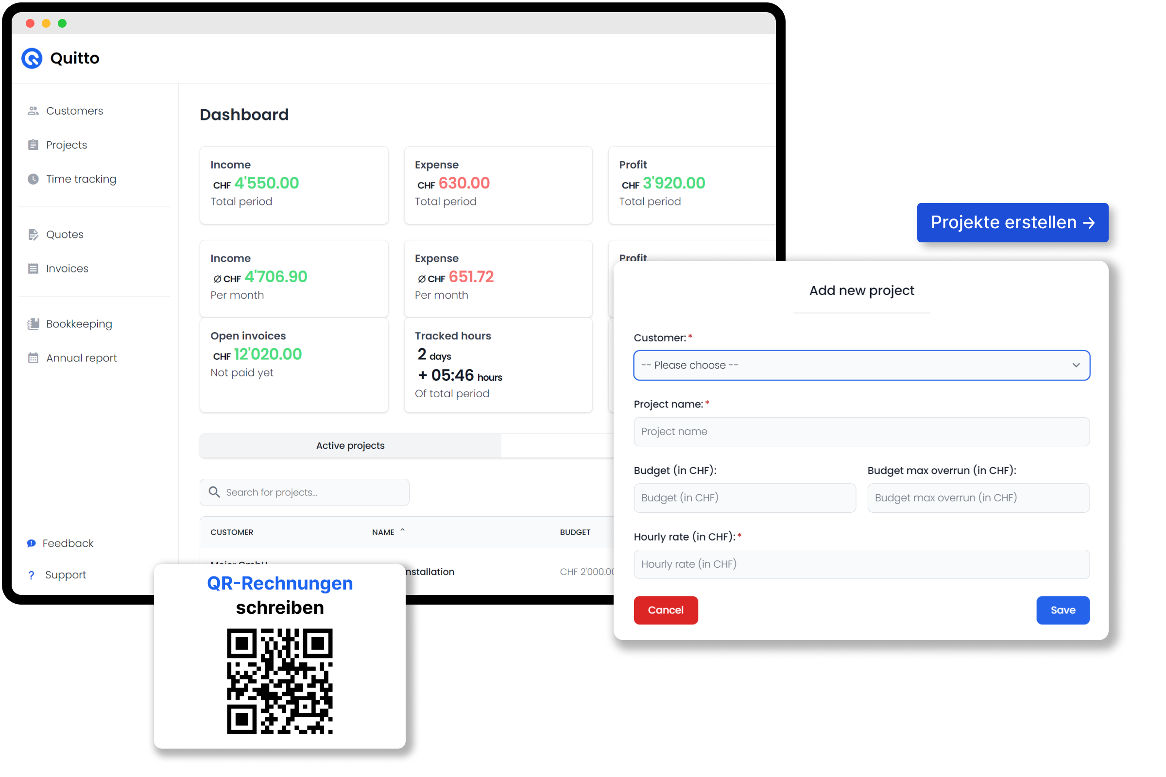 Dashboard von Quitto